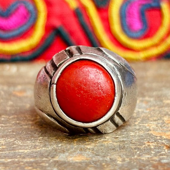 Mali West Africa Silver Ring, African Antique Round Red Stone Ring