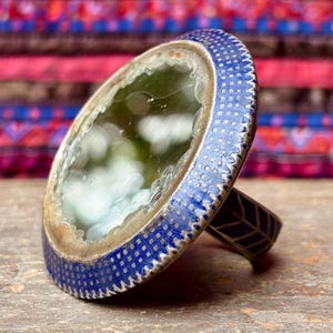 Silver ring with blue enamels from Multan Pakistan, Large round tribal mirror ring, ethnic boho, Asian oriental collection ring