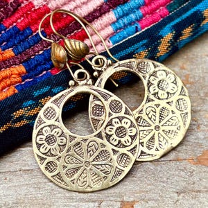 Round gold earrings, Antique vintage ethnic style, Elegant oriental tribal Asian earrings, Boho chic jewelry