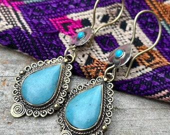 Boho oriental turquoise earrings, Silver blue stone drop earrings, Asian ethnic tribal jewelry, Women&#39;s gift