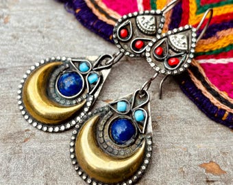 Lapis lazuli earrings, Golden crescent moon, Oriental tribal ethnic earrings, Afghan, Asian jewelry, Gift for friend