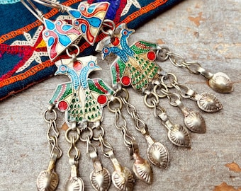 Oriental enamel earrings, Peacocks, Ethnic tribal jewelry, Asian, Vintage Retro Afghan, Tribal costume, Afghan crafts