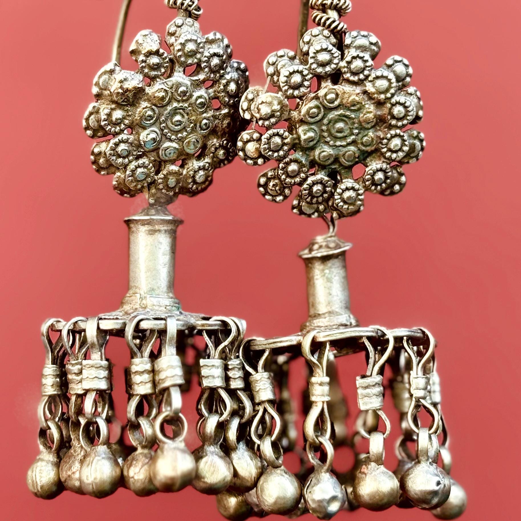 Antique silver earrings, Large ethnic tribal Jhumka earrings India Kashmir, Asian oriental boho jewelry