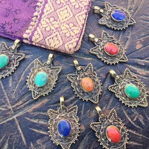 Gold tribal ethnic charm with stones, Afghan Kuchi oriental dance tribal fusion pendant, Costume jewelry creation and manufacturing