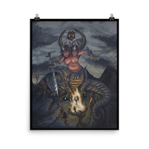 May include: A painting of a two-headed female figure riding a dragon-like creature. The figure is wearing a horned headdress and holding a sword. The creature is surrounded by flames and smaller figures.