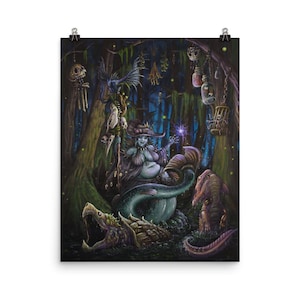 May include: A blue-skinned woman with a witch's hat sits on a large, green, serpentine creature. She holds a glowing orb in one hand and a staff in the other. The scene is set in a dark, swampy forest with various magical objects hanging from the trees.