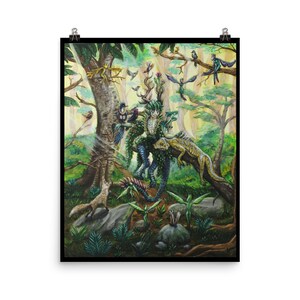 May include: A green and blue humanoid figure with a deer antler headdress sits in a forest setting. The figure is surrounded by various animals, including birds, a lizard, and a fox. The scene is painted in a whimsical style with vibrant colors.