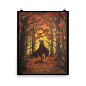 May include: A dark-furred creature with antlers and a long, flowing cape stands in a forest setting. The forest is filled with autumn leaves in shades of orange, red, and yellow. There are small, glowing lanterns hanging from the trees.