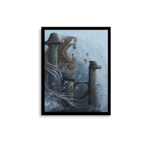 May include: A painting of a brown griffin perched on a crumbling stone tower. The griffin is holding a bell in its talons. The tower is surrounded by a misty, ethereal landscape.