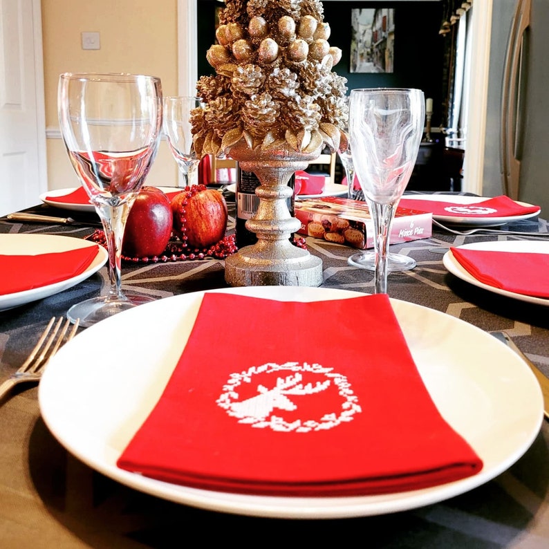 Red Cotton Napkins With Reindeer Crossstitched Machine Etsy UK