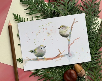 Karte mit niedlichen Vögeln - Wintergoldhähnchen Aquarellillustration - Kunstdruck auf Postkarte - handgemalte Piepmätze