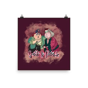 May include: A digital illustration of two women with exaggerated features, wearing colorful clothing and hats. The women are standing next to each other and the text "Spink & Forcible" is written below them. The background is a dark red with a faded, textured effect.