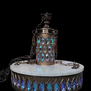 Vintage Jeweled Hollywood Regency Capiz Filigree Hanging Pendant Swag Lamp