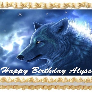 May include: A blue wolf with glowing eyes and fur against a dark blue sky with white clouds and stars. The text "Happy Birthday Alyssa" is at the bottom of the image.