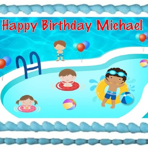 May include: A blue and white birthday cake with a pool scene and the words "Happy Birthday Michael". The cake features a pool with a ladder, three children swimming, and colorful beach balls.