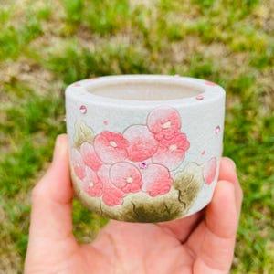 May include: A small, cylindrical ceramic planter with a light gray base. The planter is decorated with pink floral designs and small, pink crystal accents. The planter is held in a hand against a blurred green background.