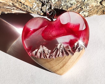 Olive Wood Heart Necklace, Snowy Mountain Resin Pendant, Glows in the Dark