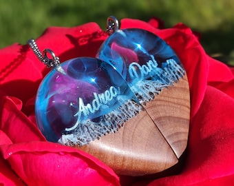 Personalized Heart Necklace Set: Olive Wood, Aurora Borealis, Couple's Gift, Handmade Pendant