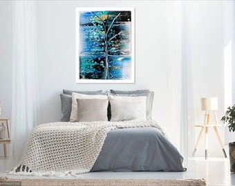 Sternennacht | 14x11| Leinwandgemälde | Acryl | Blau, Grün, Orange | Abstrakte Kunst | Gedehnte Leinwand, Wohnzimmer | Wechselnde Jahreszeiten