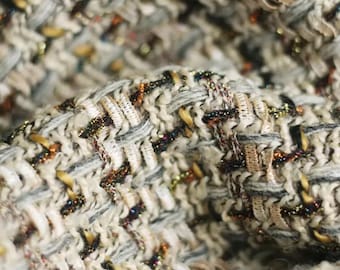 Khaki Grey Tweed Fabric, Wool Blend Boucle Material for Jackets & Skirts, Heavyweight Woven Fabric with Colorful Threads, Autumn Sewing