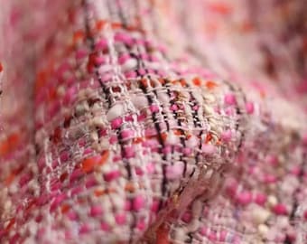 Pink and Orange Tweed Fabric | Wool Blend Boucle Fabric for Jackets | French Style Textured Woven Fabric by half Yard | Skirt Suit Material