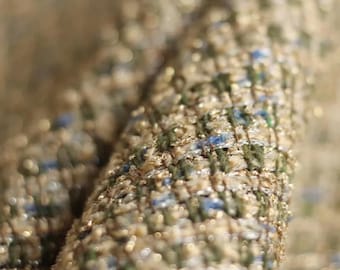 French Tweed Fabric by half Yard | Camel Green & Gold Metallic Woven Boucle | Medium Weight Suiting Material for Jackets, Coats, Skirts