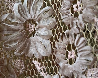 Dusty Pink Floral Embroidered Lace Fabric | Cord Embroidery on Sheer Mesh Tulle | Soft Flowy Fabric for Wedding Gowns, Dresses, Hanfu