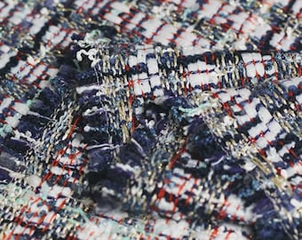 Navy Blue & White Tweed Fabric with Gold Metallic Thread | Heavyweight Woven Boucle for Jackets, Suits, Skirts | French Style Plaid Fabric