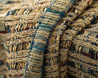 Luxury Metallic Tweed Fabric by half Yard, Gold and Blue Woven Boucle Material for Coats & Dresses, Heavyweight Fall Winter Fashion Fabric