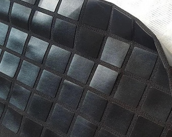 3D Geometric Faux Leather Fabric Panel | Black Raised Square Grid PU Leather | Futuristic Embossed Fabric for Bags, Cosplay, Accessories