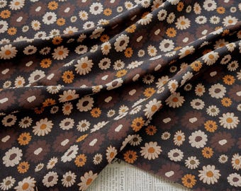 Vintage Floral Jacquard Fabric, Black Daisy Woven Brocade, Heavyweight Material for Coats and Dresses, Retro Upholstery Fabric by the Yard
