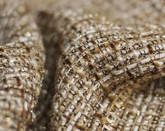 Lightweight Coffee Brown Tweed Fabric with Metallic Thread | Woven Boucle Fabric for Jackets, Skirts | 58" Wide Textured Apparel Fabric