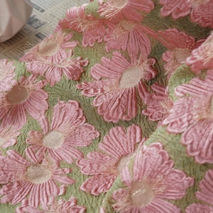 Floral Jacquard Fabric, Pink & Green Embossed Brocade, Metallic Thread Dress Material, Spring Botanical Apparel Fabric by the Yard