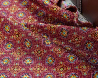 Vintage Geometric Jacquard Fabric By The Yard | Burgundy Diamond Pattern Polyester | Ethnic Style Dressmaking Material | 59" Wide Fabric