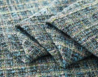 Blue Green Tweed Fabric by half Yard, 3D Plaid Boucle Fabric, Textured Woven Suit Material for Jackets & Coats, 59" Wide