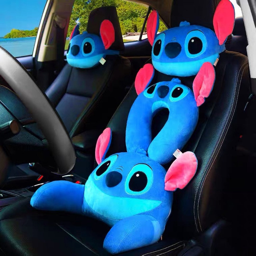 Disney Kawaii Purple Lilo & Stitch Plush Car Headrest Car Seat Cushion Seat  Belt Cover Throw