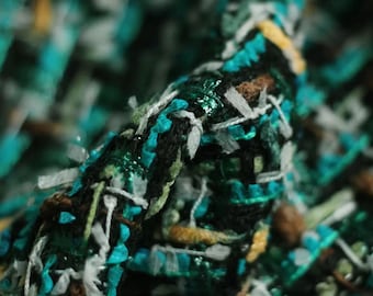 Teal Green Tweed Fabric | Sequin Ribbon Woven Bouclé Fabric | Heavyweight Textured Coating Material for Jackets and Skirts | Sewing Fabric