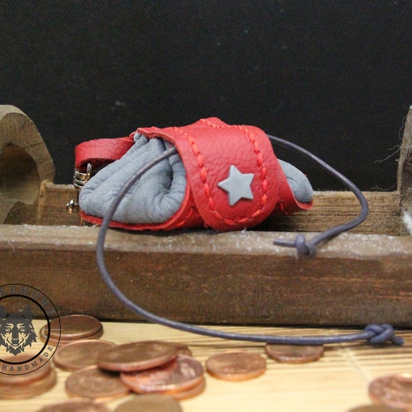 Kleiner Lederbeutel * Geldkatze mit Karabiner zweifarbig hellgrau rot