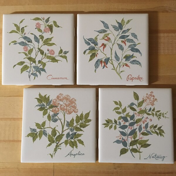 Ceramic 3pc  "HERBS & SPICES" on 4-1/4 Brt./Wht. Wall Tile  (Cinnamon,Paprika,,Angelica)"no Nutmeg"