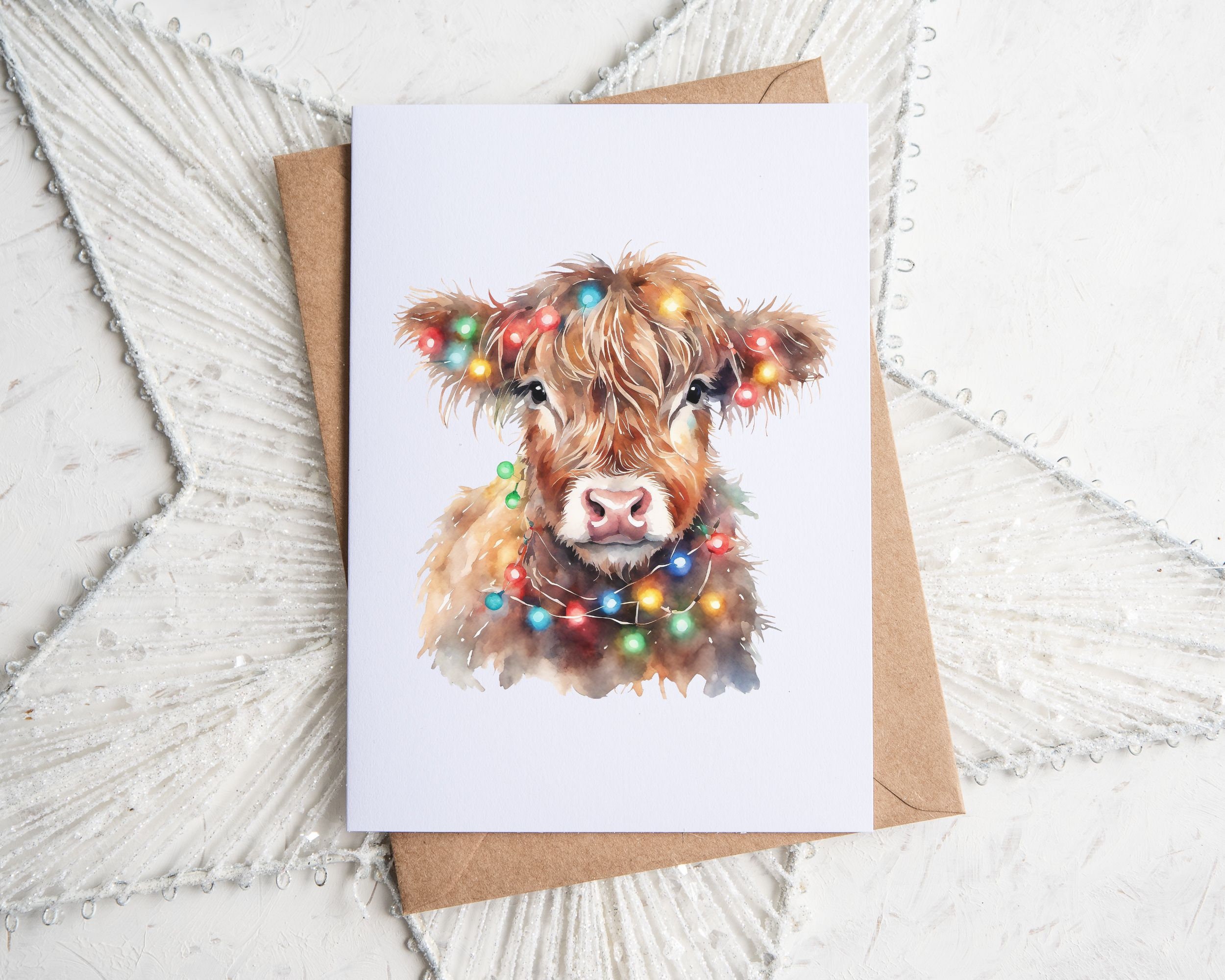 Cow Christmas Lights| Highland Cow Christmas Card| Christmas Highland ...