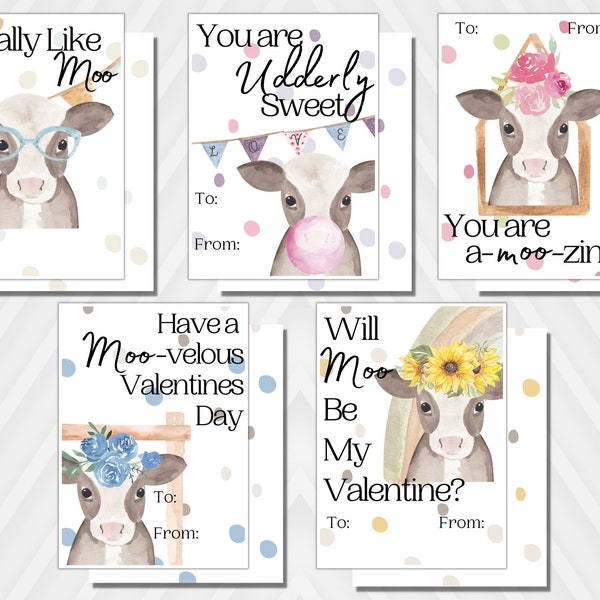 Cow Valentines Cards| Kids Valentines Cards for School| Farm Valentines Cards| Classroom Valentines Cards| Cow Watercolor| Printed Cards