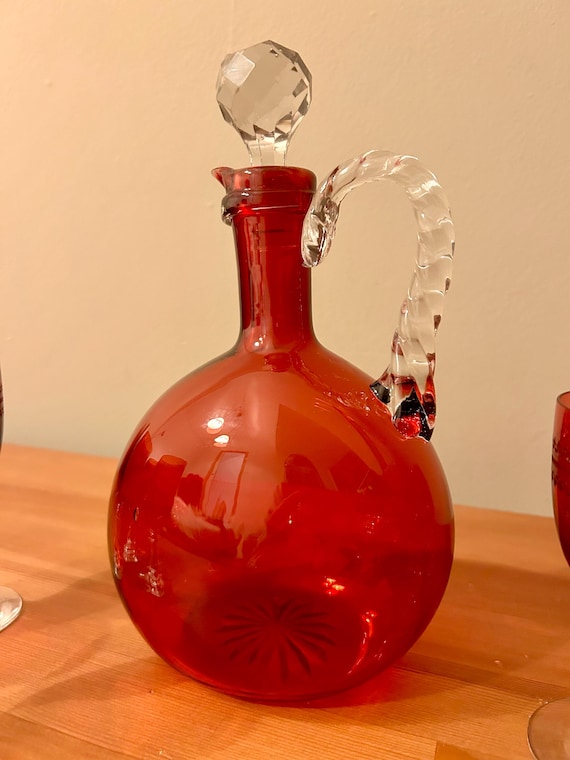 アンティーク ルビーレッド ガラス デキャンタ、1860 年代、透明 アンティーク ルビーレッド ガラス デキャンタ、1860 年代、透明
