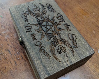 Engraved Wood Tarot Box, Celestial Moon Phase Jewelry Storage, Witchy Altar Supplies