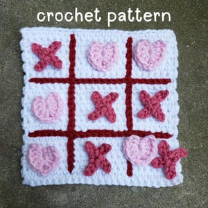 Patrón de crochet de tres en raya con forma de corazón y equis; patrón de crochet de tres en raya; patrón de juego de crochet; juego de tres en raya; patrones de crochet; juego divertido