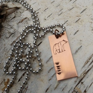 Men&#39;s Necklace, Personalized Necklace, Bear Jewelry, Men&#39;s Copper Necklace, Birthday Gifts for Him, Hand Stamped Pendant, Name Necklace
