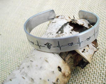 Medical Alert Bracelet, Custom Hand Stamped, Cuff, Caduceus