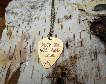 Guitar Pick Necklace, Hand Stamped Brass, Stevie Nicks, Custom Jewelry, Song Lyrics