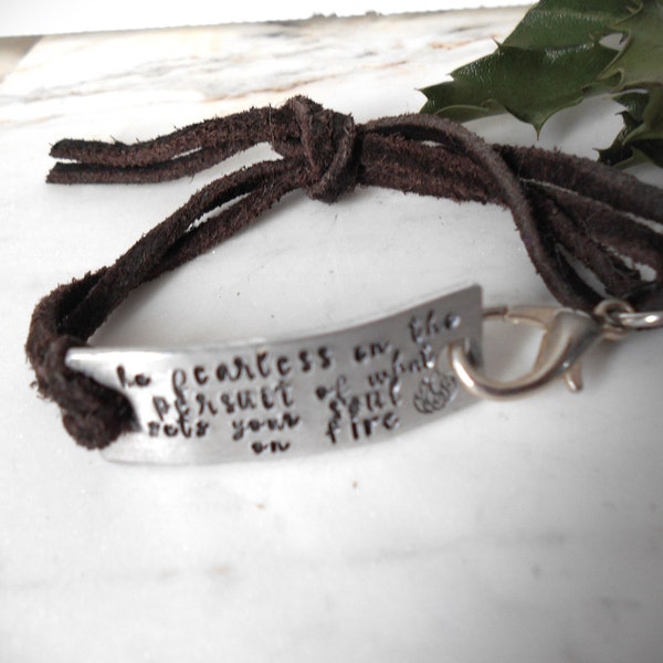 Fearless Bracelet, Be Fearless Leather Bracelet, No Fear Bracelet, Rumi Quote Gift for Friend, Literary Quote Gift, Hand Stamped, Words