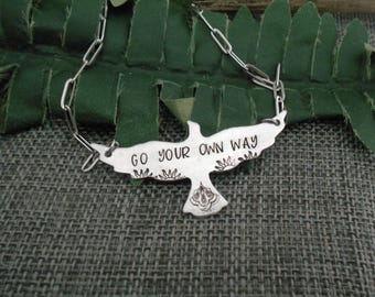 Hand Stamped Hawk Necklace, Aluminum Eagle Pendant, Fleetwood Mac Lyrics