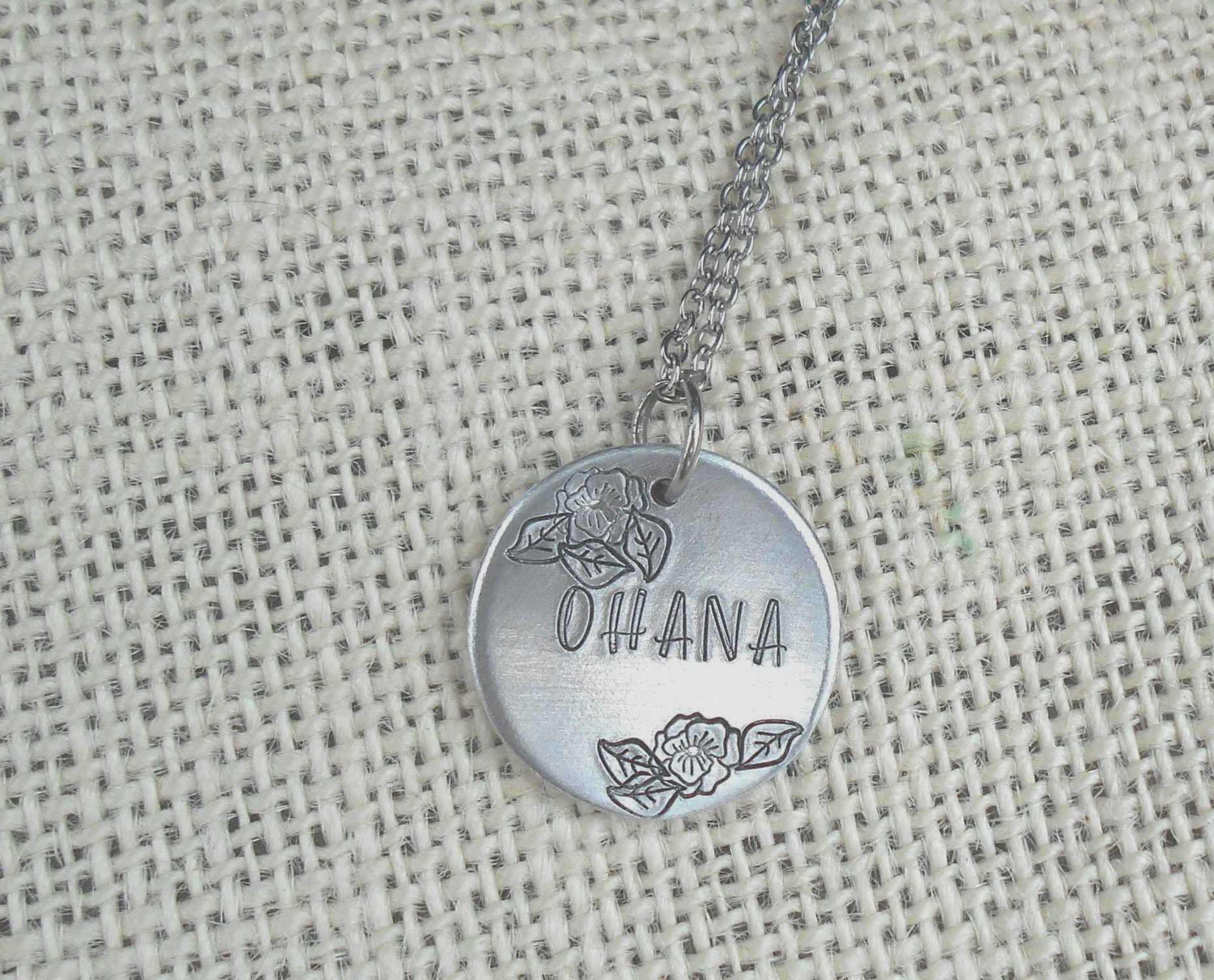 Ohana Necklace: Hand Stamped Aluminum Pendant, Stainless Steel